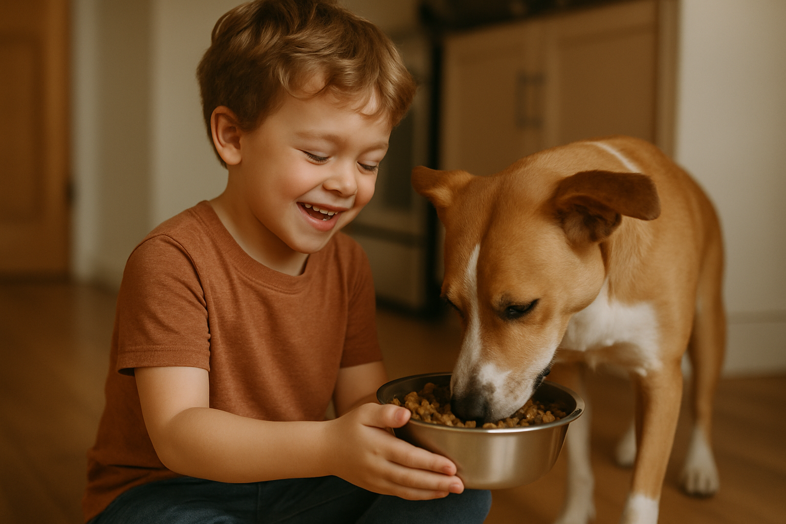 Child feeding pet dog to learn responsibility and empathy.