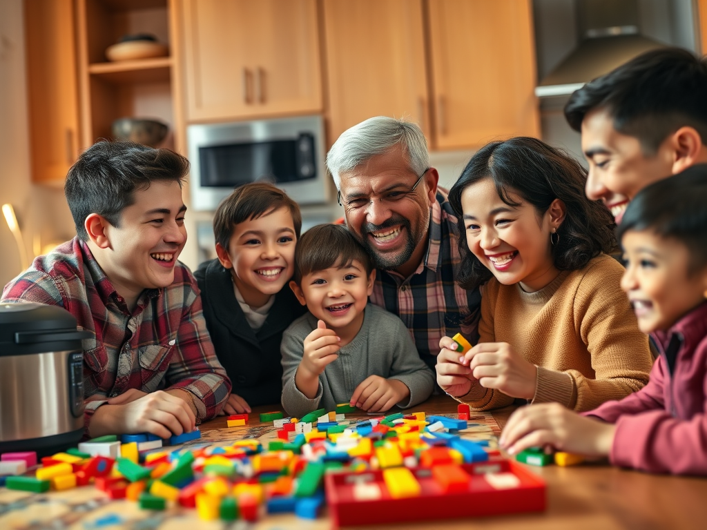 A family enjoying games and activities together during a cozy evening at home.