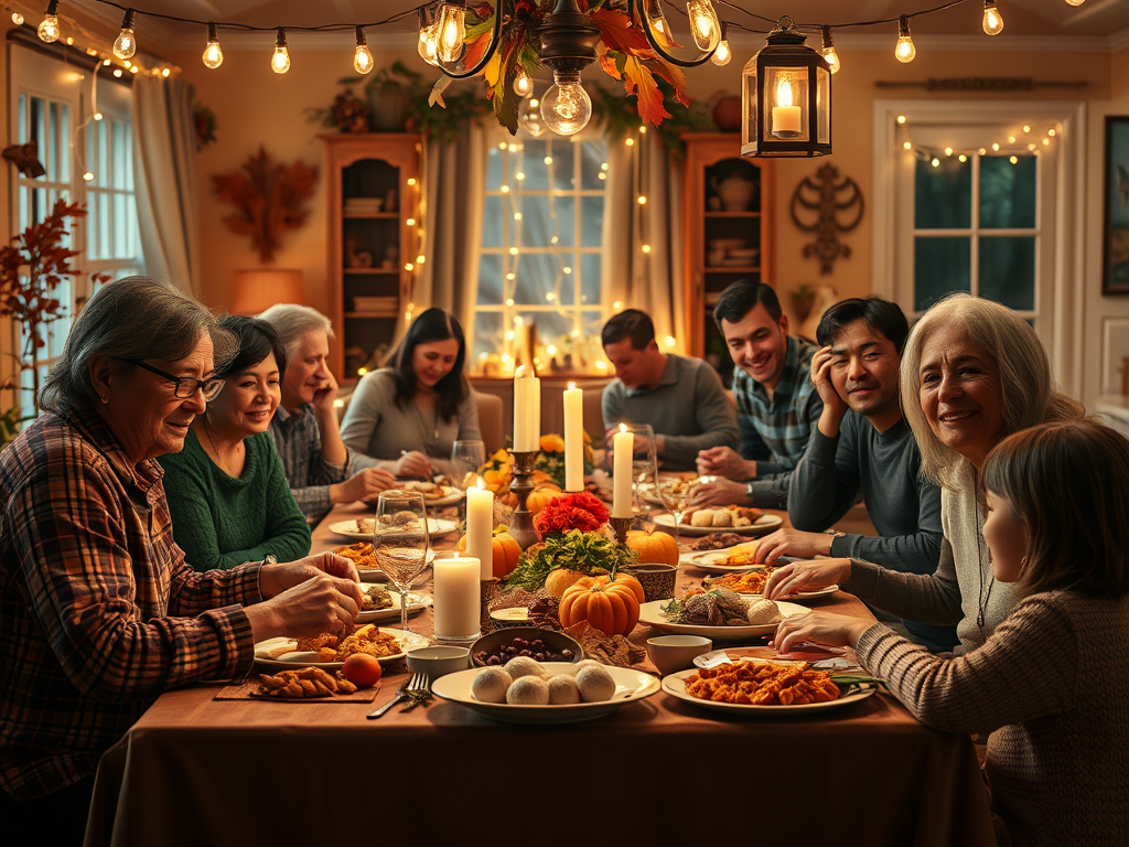 Family sitting around a Thanksgiving dinner table, reconnecting and enjoying a meal together.