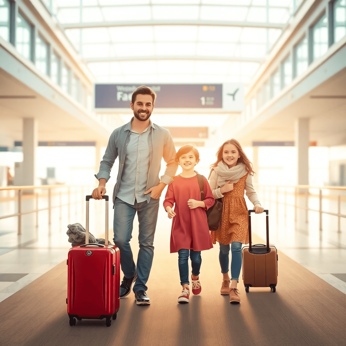 Dad walking with kids at the airport