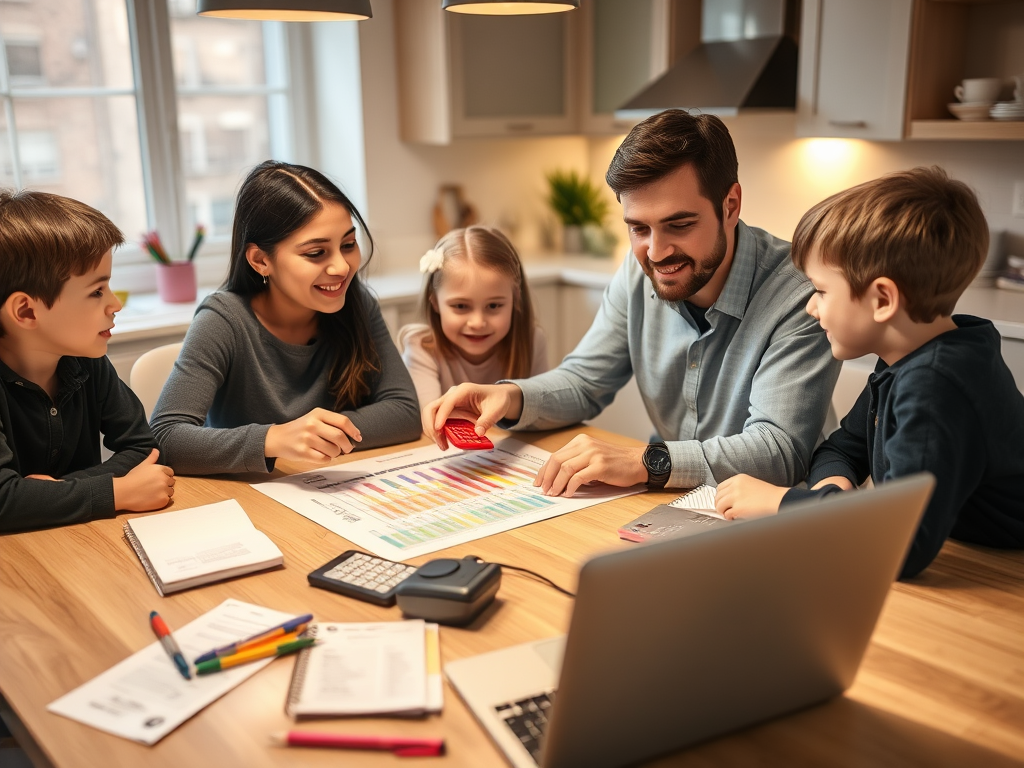 Parents and children working together at a table to review their family budget and savings plan.