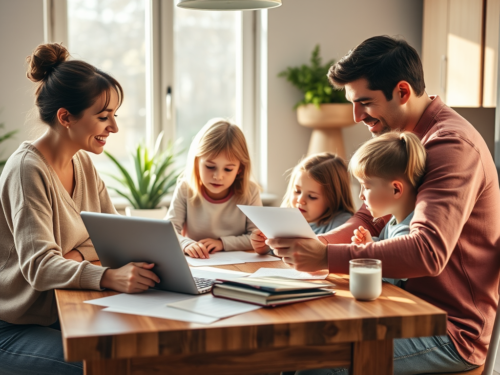 A young family working on the family budget together.