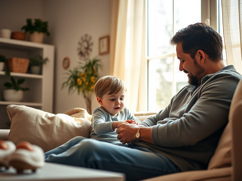 Father and toddler sit together on a beige sofa by a sunlit window, holding hands and smiling.